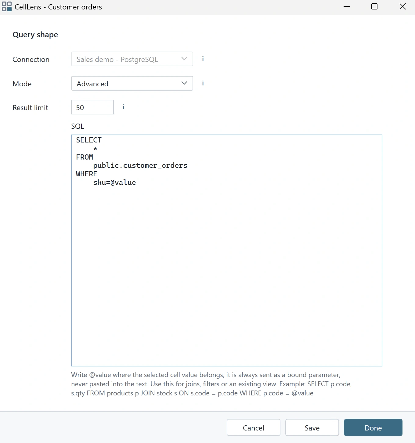 Customer orders in Advanced mode: a parameterized lookup in public.customer_orders.