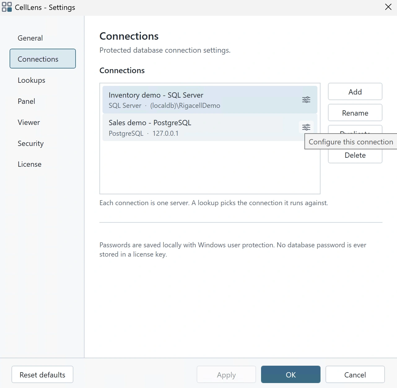The two local demonstration connections, saved in CellLens Settings.