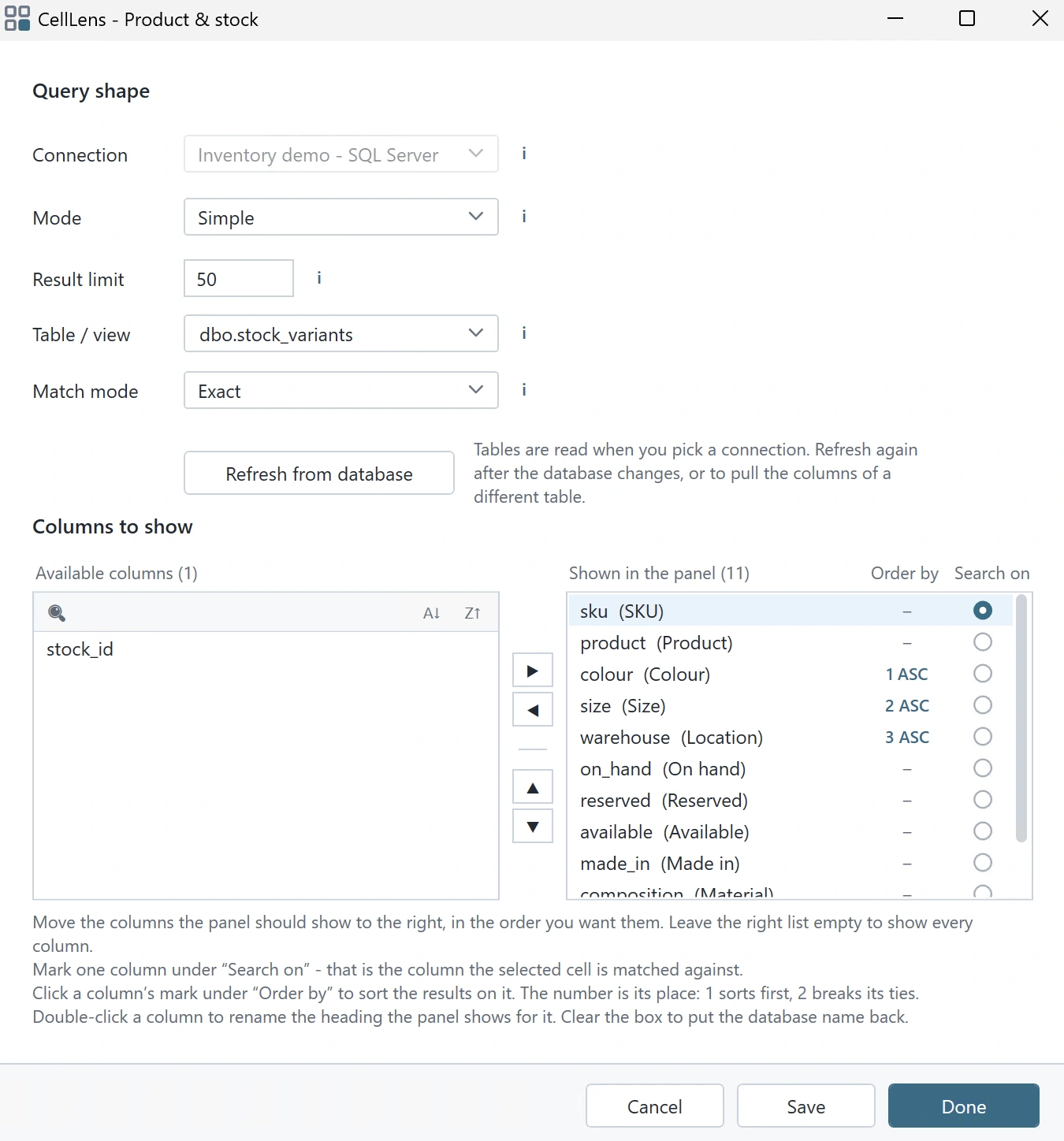 The filled circle under Search on selects SKU. Click another column’s circle to change the search field.