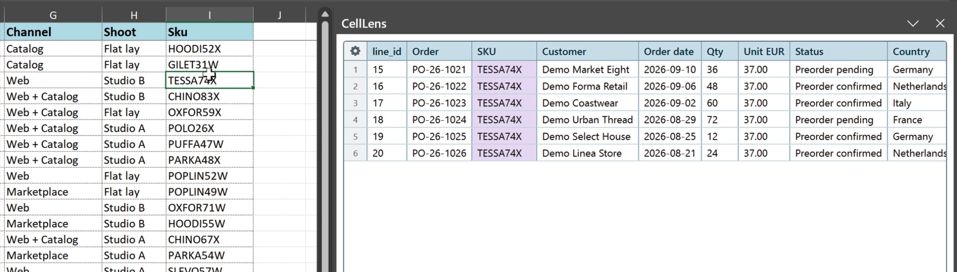 TESSA74X · Customer orders · PostgreSQL. Fictional preorder data; unit prices in EUR.