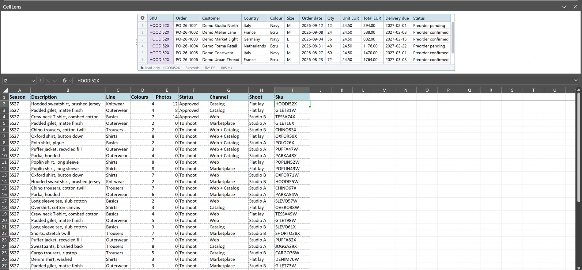 HOODI52X selezionato in Excel, con gli ordini clienti nel pannello CellLens sopra il foglio.