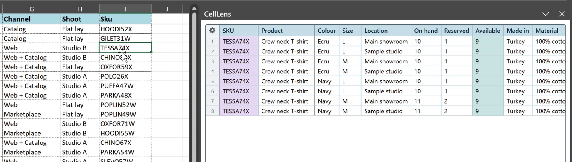 TESSA74X selezionato in Excel, con otto righe di magazzino nel pannello CellLens.