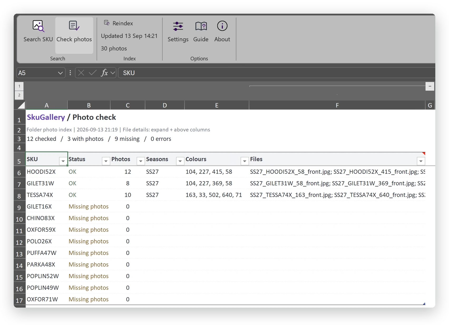SkuGallery Photo check report with a summary and SKU availability statuses.