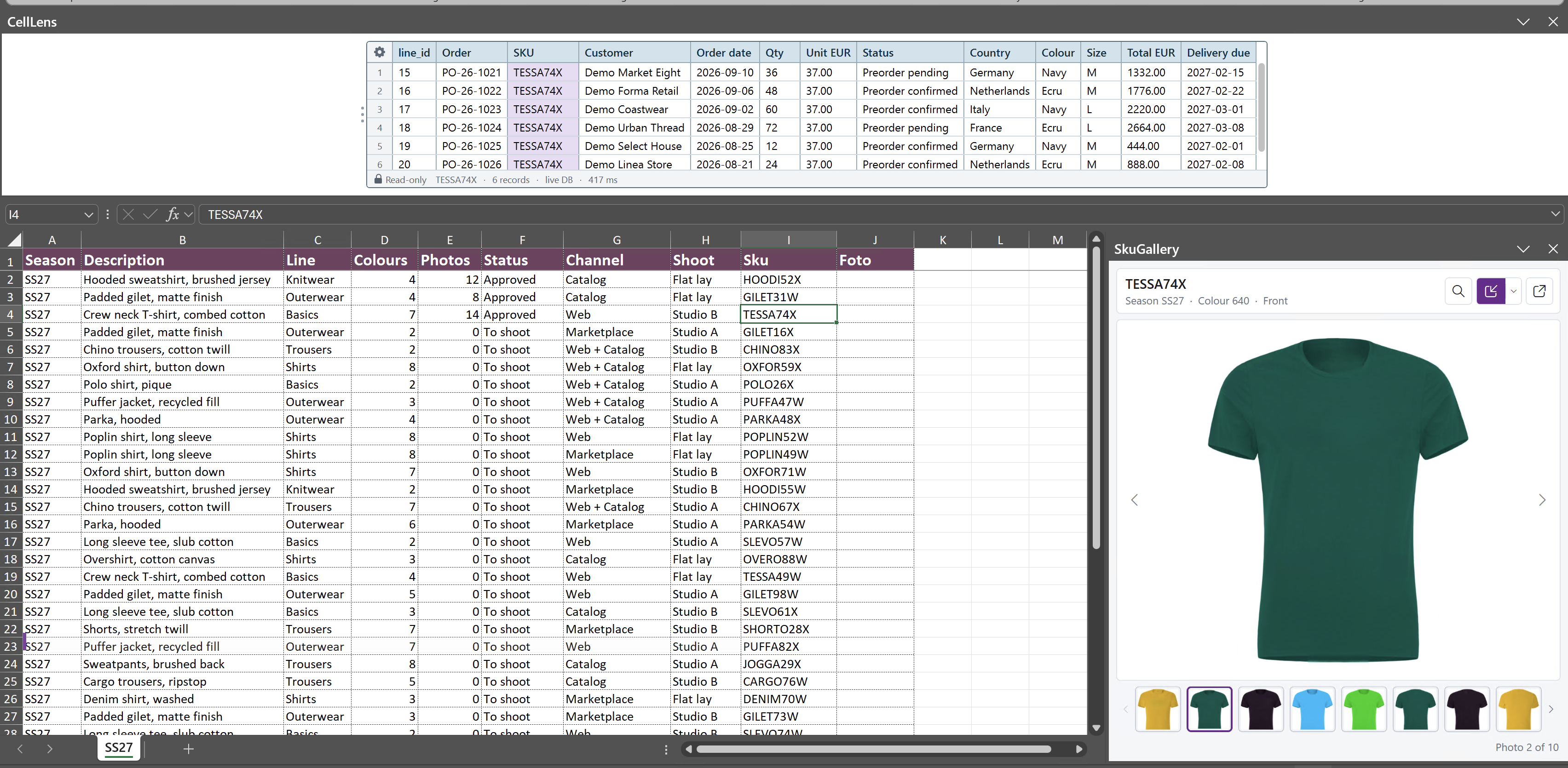 TESSA74X selected in Excel, with six customer orders in CellLens above the worksheet and the matching product photo in SkuGallery on the right.