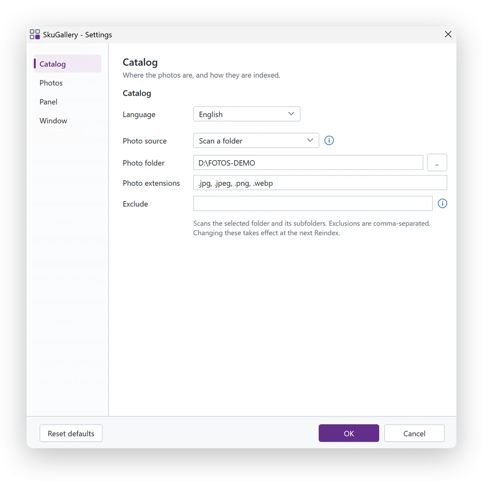 SkuGallery Catalog settings for selecting a photo folder and rebuilding its index.