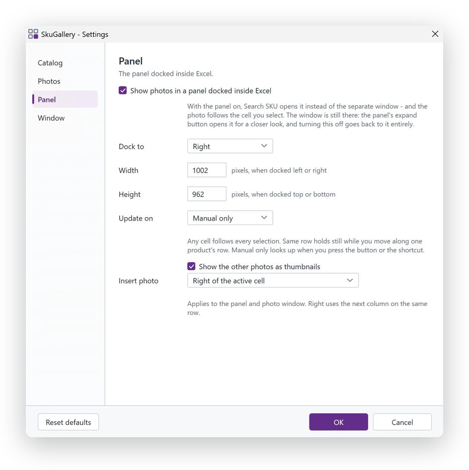 SkuGallery Panel settings for selection updates, docking, thumbnails and image insertion.