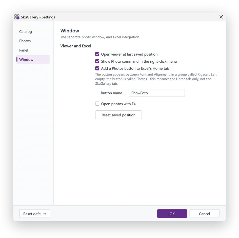 SkuGallery Window settings for viewer behaviour and Excel shortcuts.
